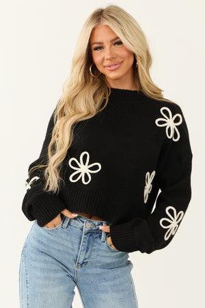 Black Mock Neck Floral Applique Sweater