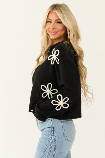 Black Mock Neck Floral Applique Sweater