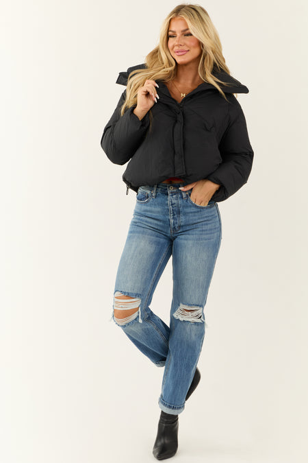 Black Mock Neck Puffer Sleeve Jacket