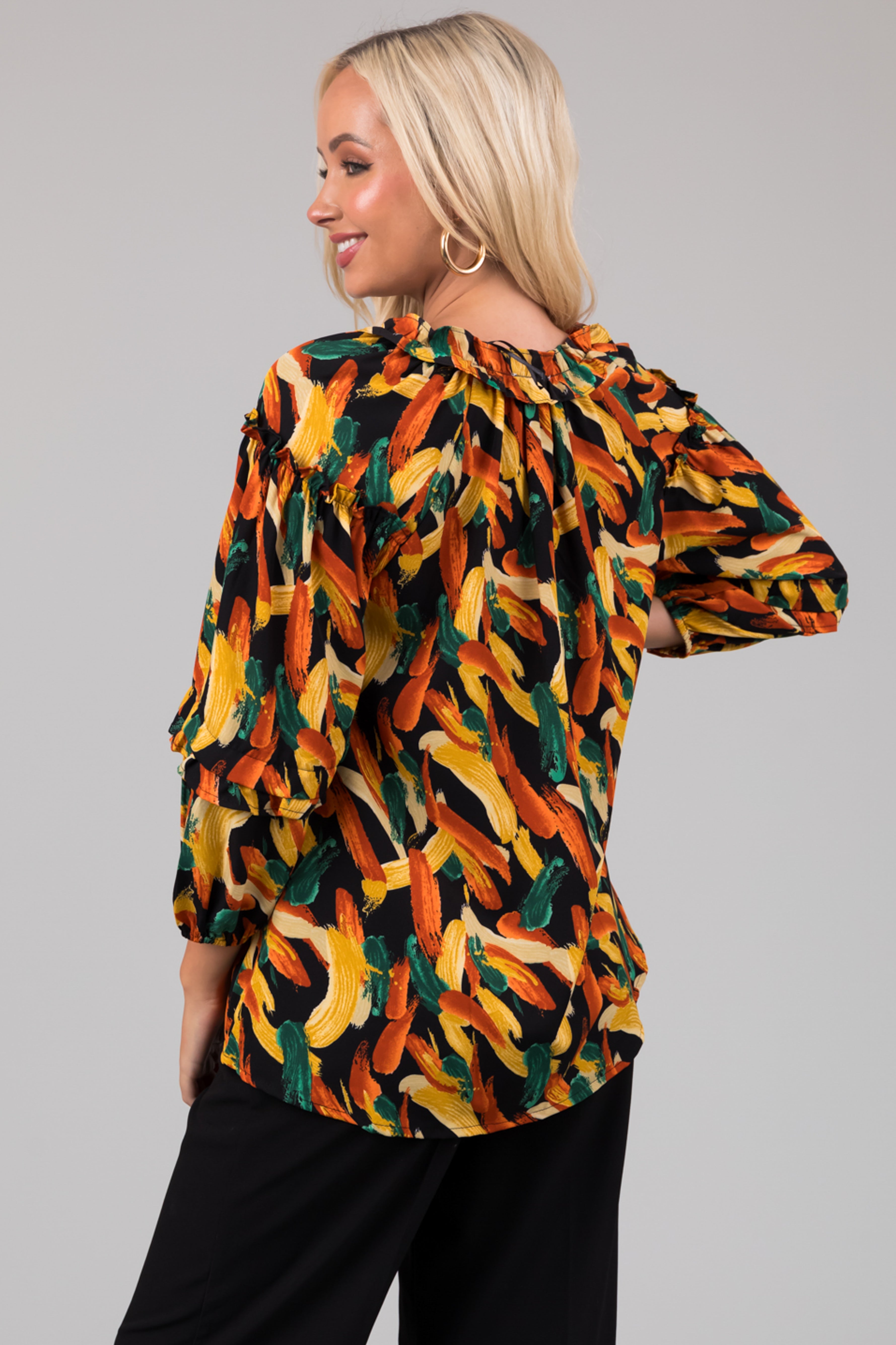 Black Multiprint Long Sleeve Ruffle Woven Blouse