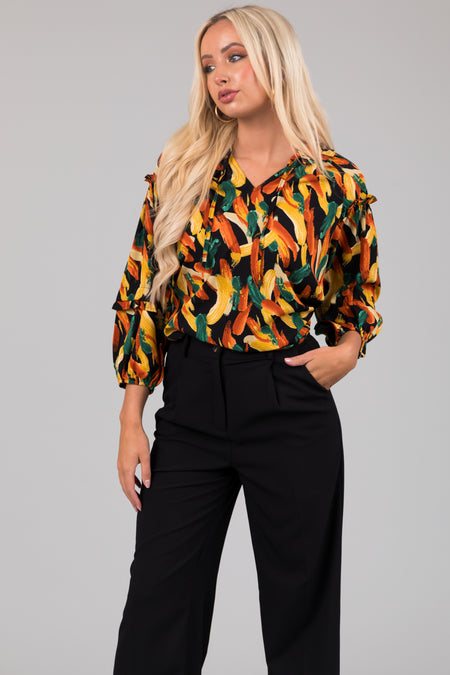 Black Multiprint Long Sleeve Ruffle Woven Blouse