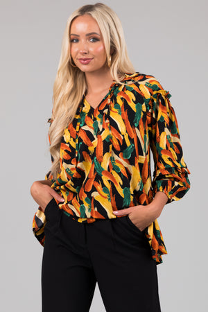 Black Multiprint Long Sleeve Ruffle Woven Blouse