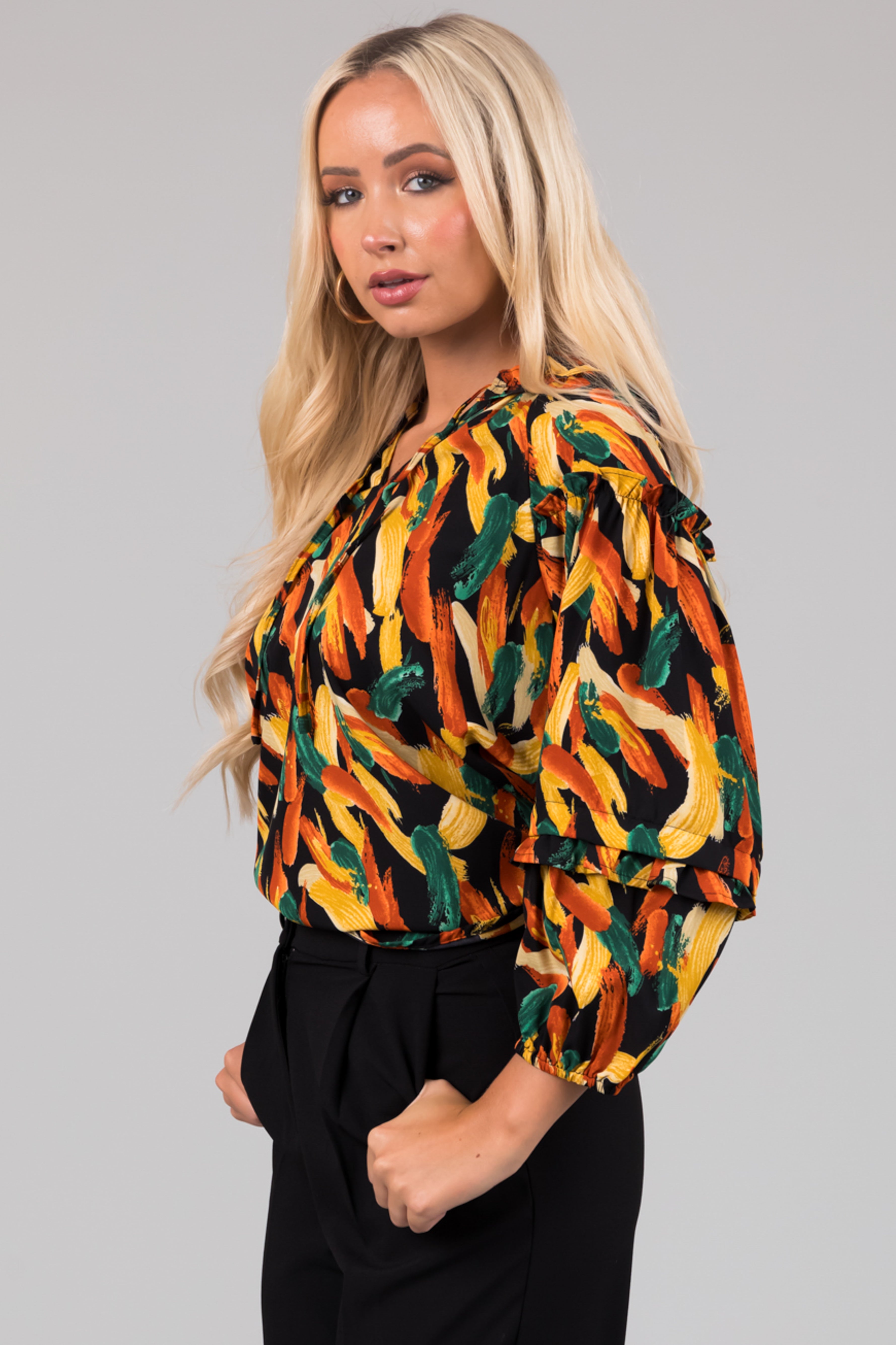 Black Multiprint Long Sleeve Ruffle Woven Blouse