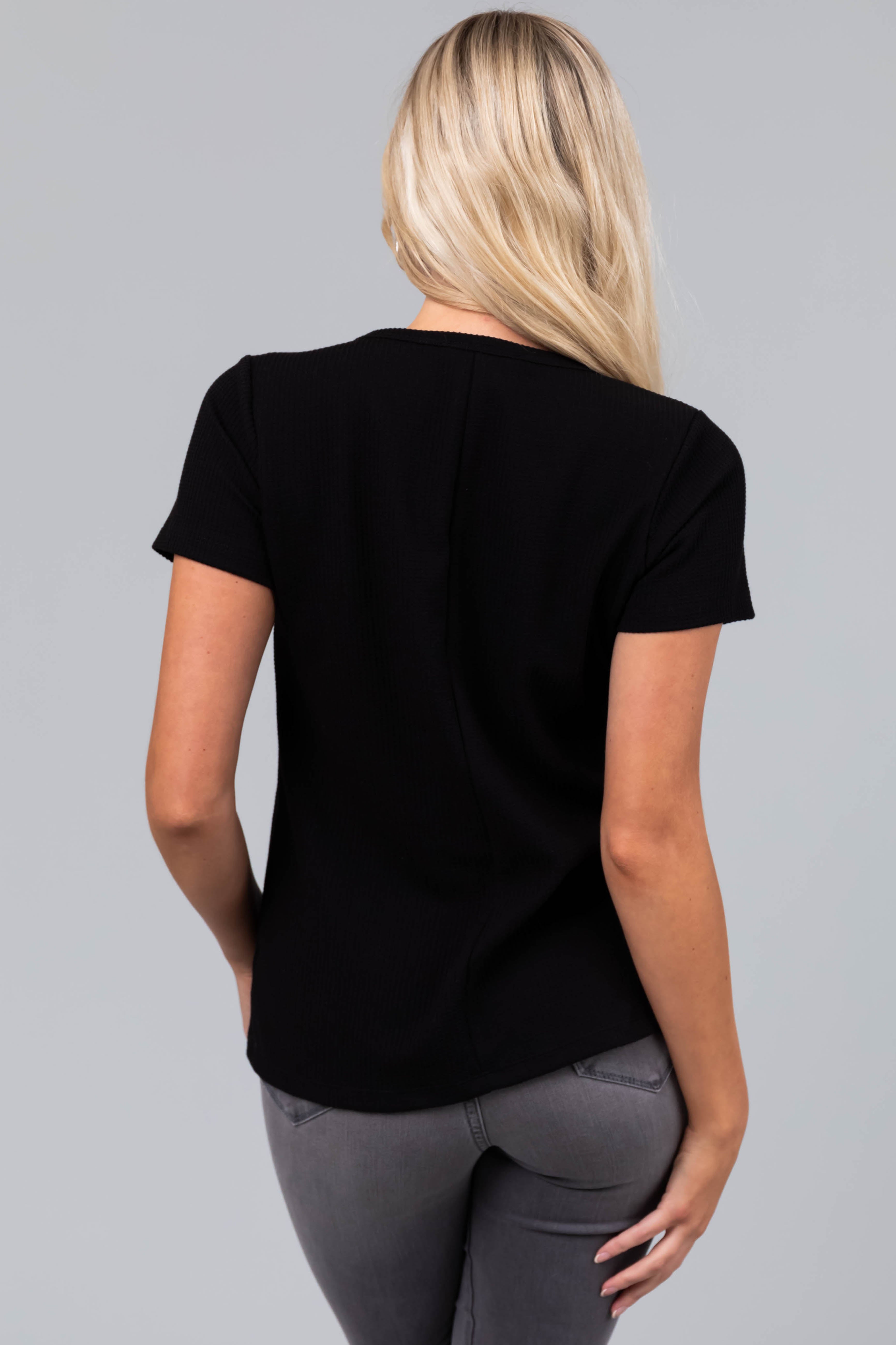 Black Notch Neck Short Sleeve Waffle Knit Top