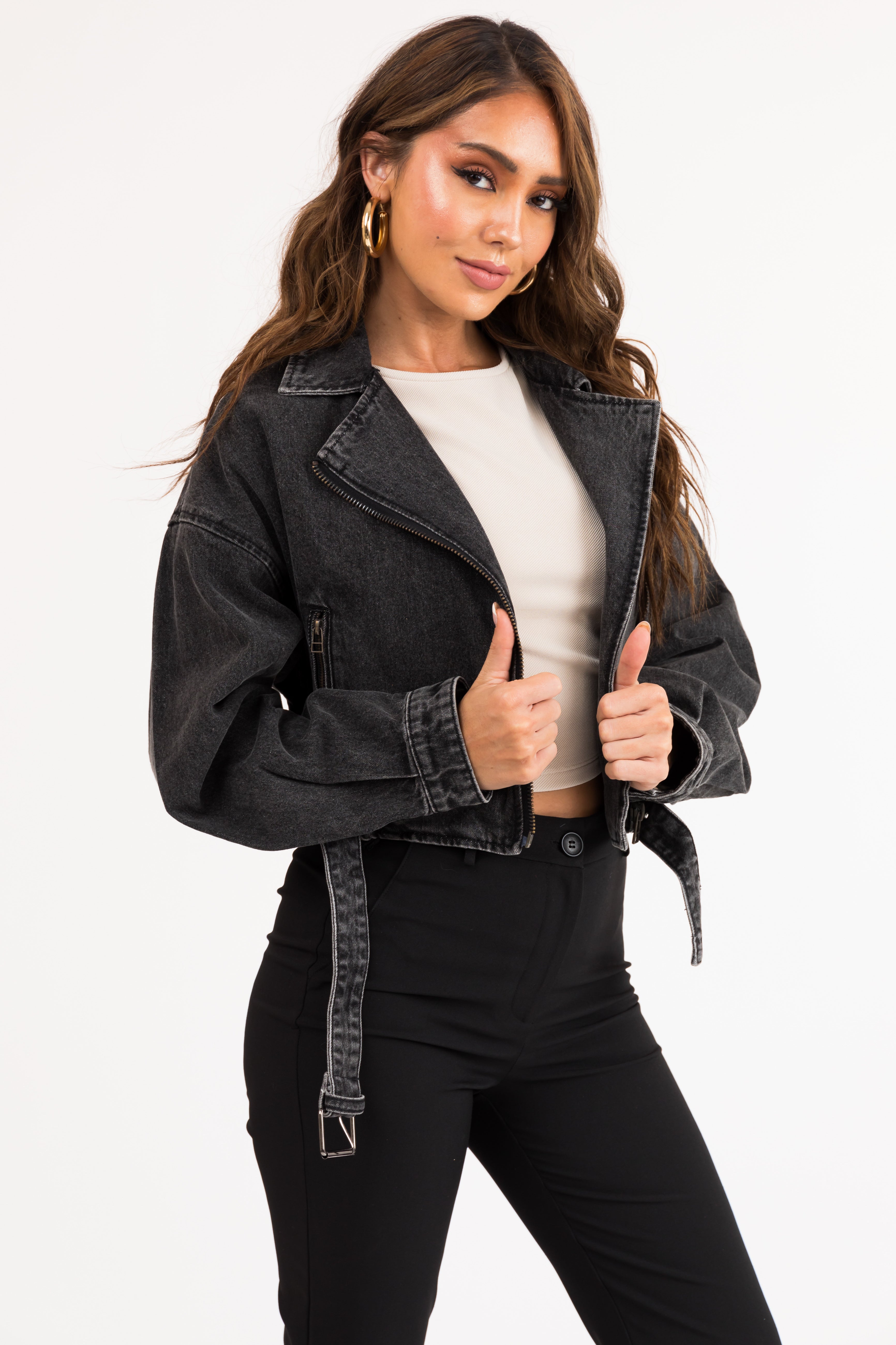 Black Off Center Zip Up Crop Jacket with Belt