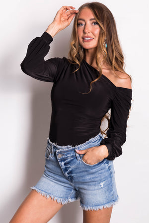 Black Off Shoulder Long Sleeve Bodysuit