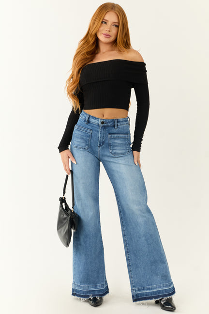 Black Off Shoulder Long Sleeve Cropped Knit Top