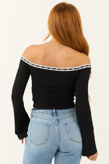 Black Off the Shoulder Lace Trim Flare Cuffs Top