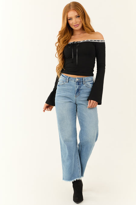 Black Off the Shoulder Lace Trim Flare Cuffs Top