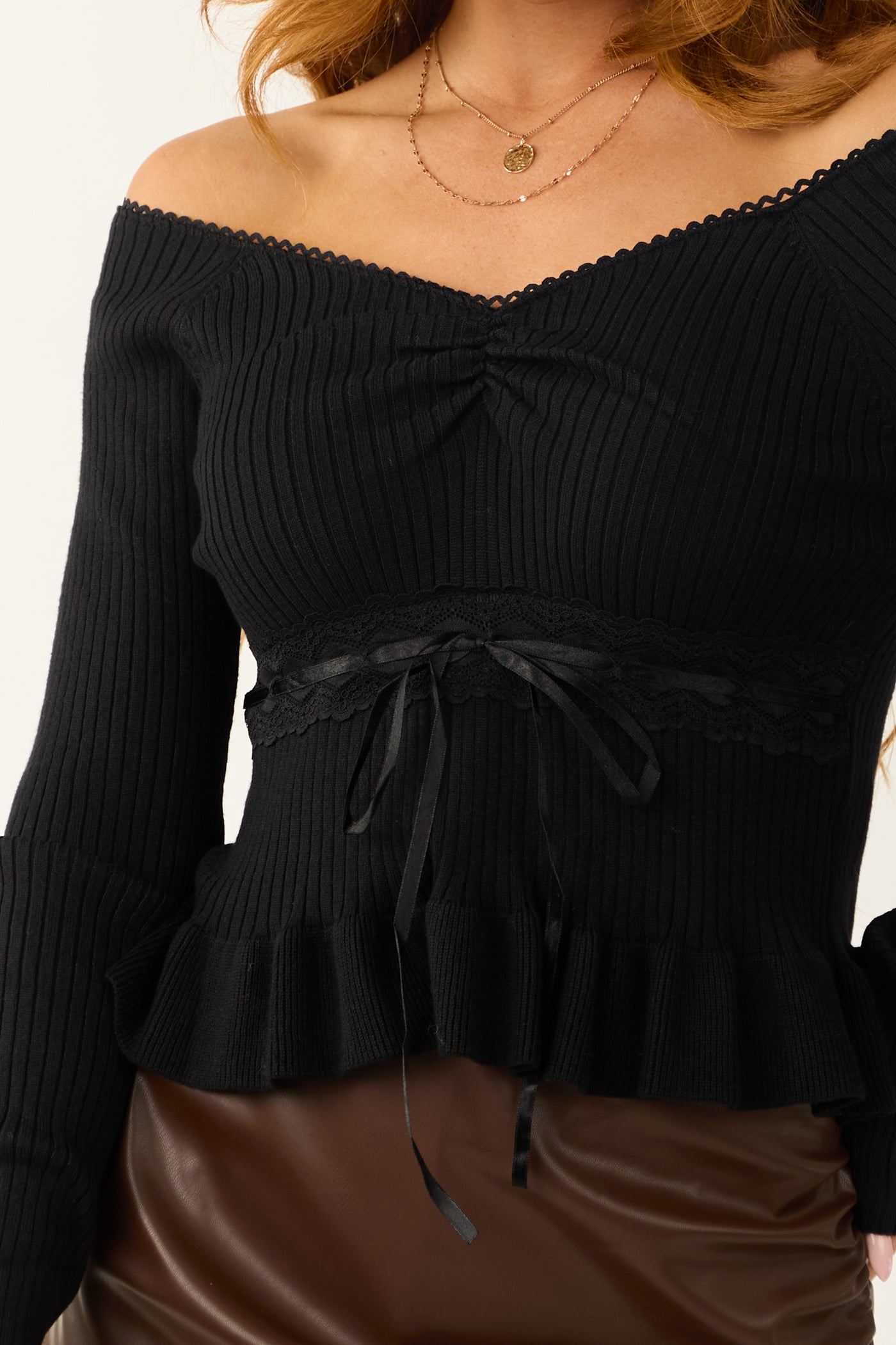 Black Off the Shoulder Ribbon Detail Crop Top