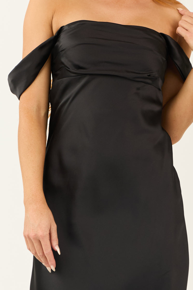 Black Off the Shoulder Satin Ruched Midi Dress