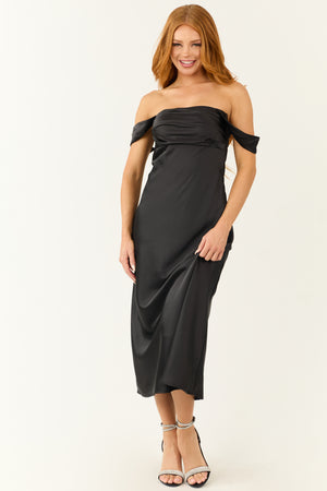 Black Off the Shoulder Satin Ruched Midi Dress