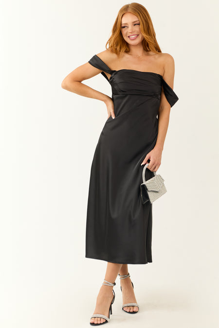 Black Off the Shoulder Satin Ruched Midi Dress