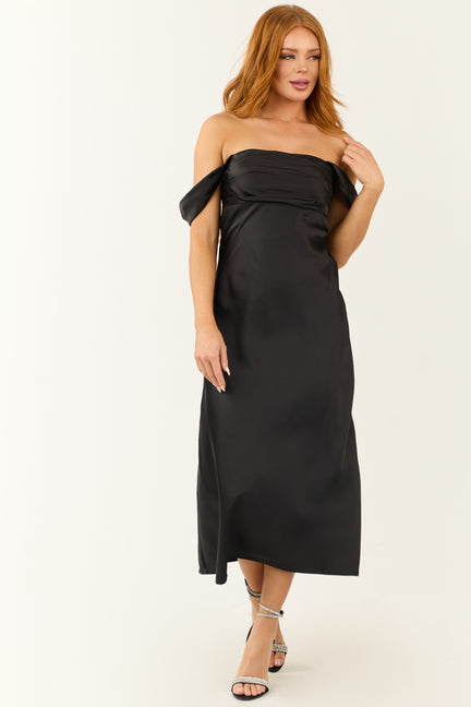 Black Off the Shoulder Satin Ruched Midi Dress