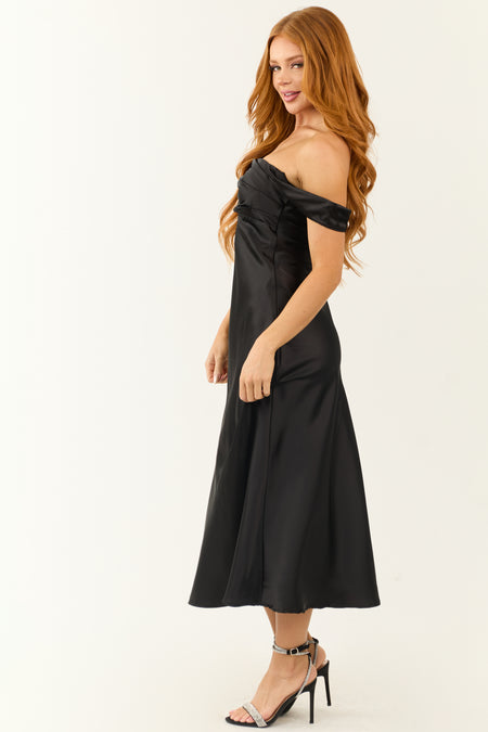 Black Off the Shoulder Satin Ruched Midi Dress