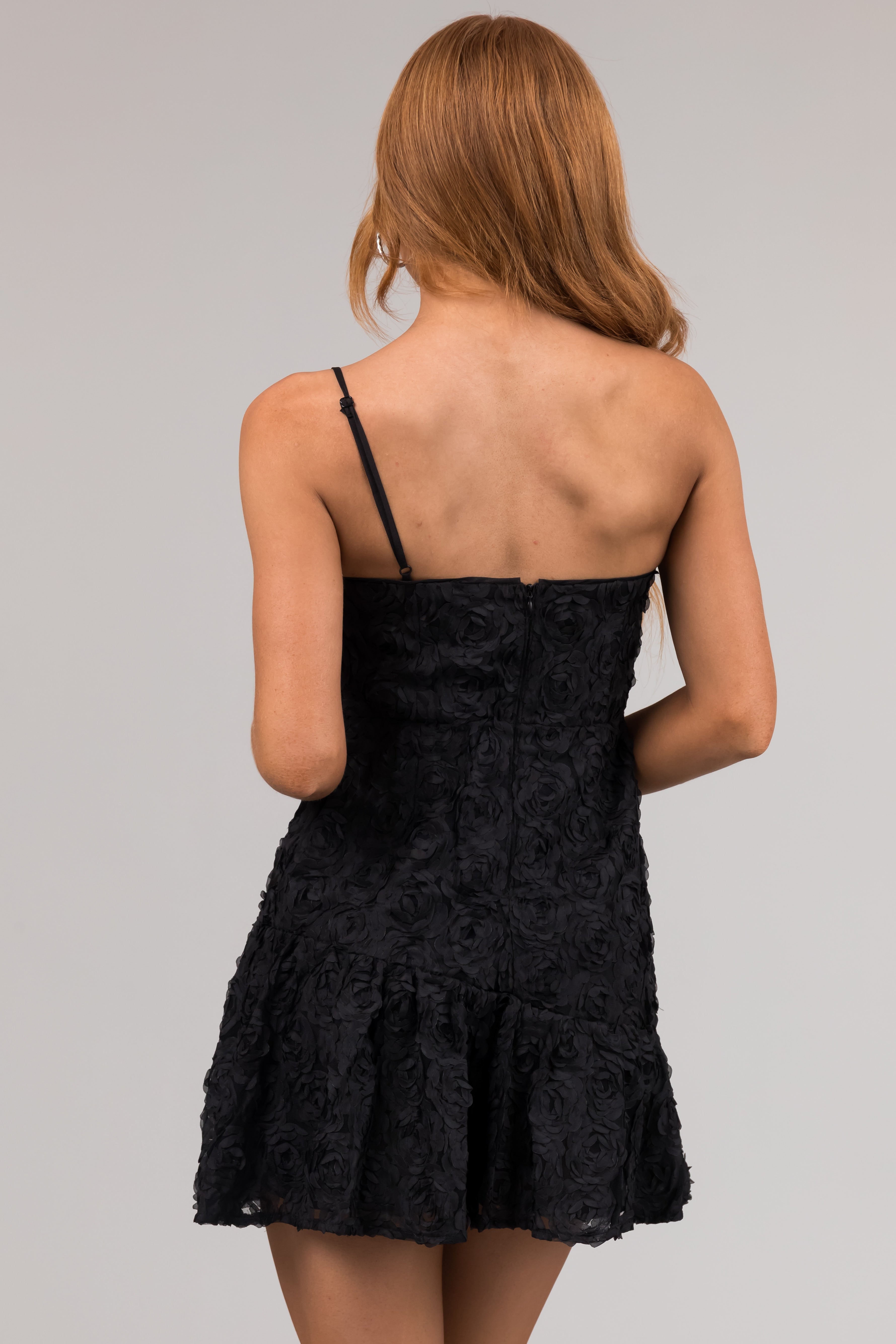 Black One Shoulder Flower Detail Mini Dress