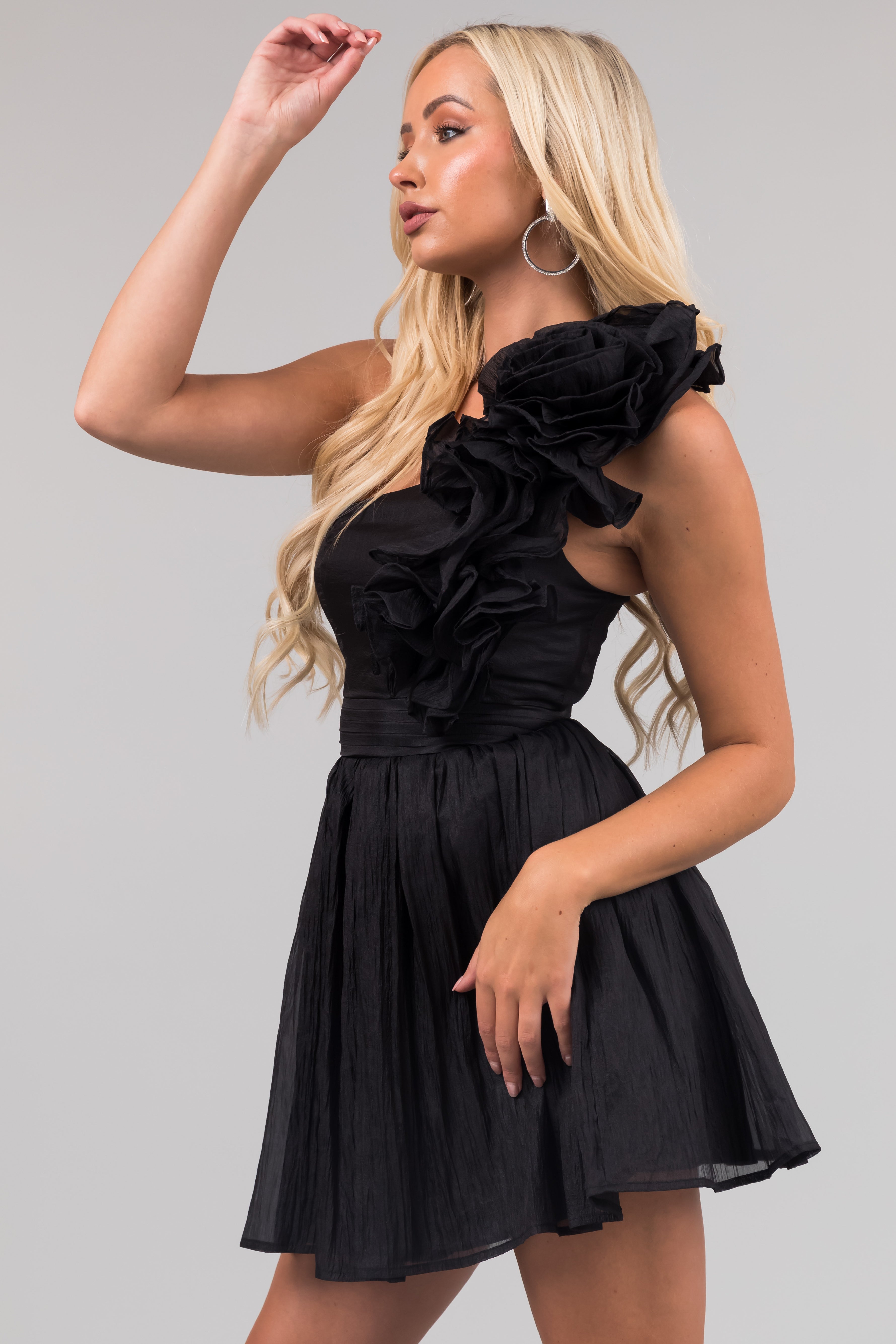 Black One Shoulder Ruffle Short Dress | Lime Lush Boutique