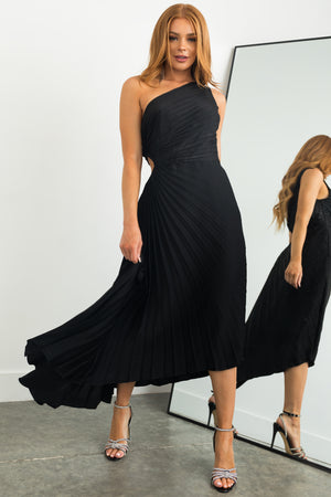 Black One Shoulder Side Cut Out Pleated Midi Dress