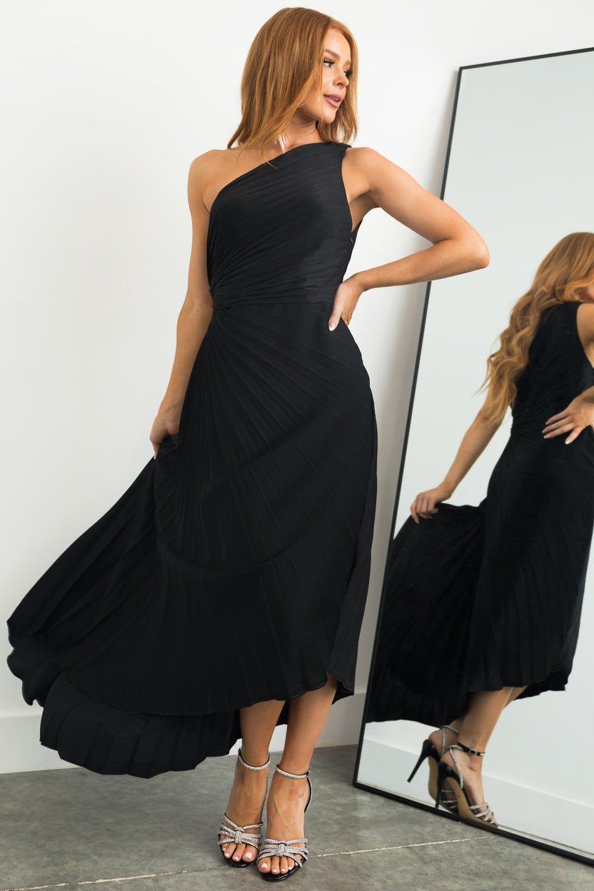 Black One Shoulder Side Cut Out Pleated Midi Dress