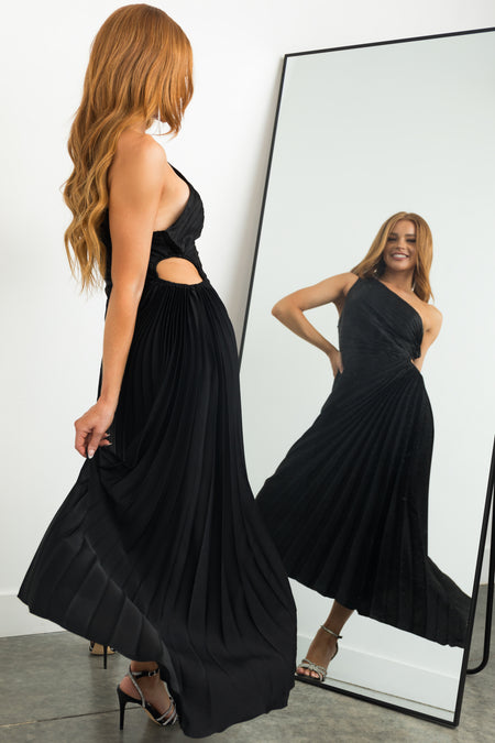 Black One Shoulder Side Cut Out Pleated Midi Dress