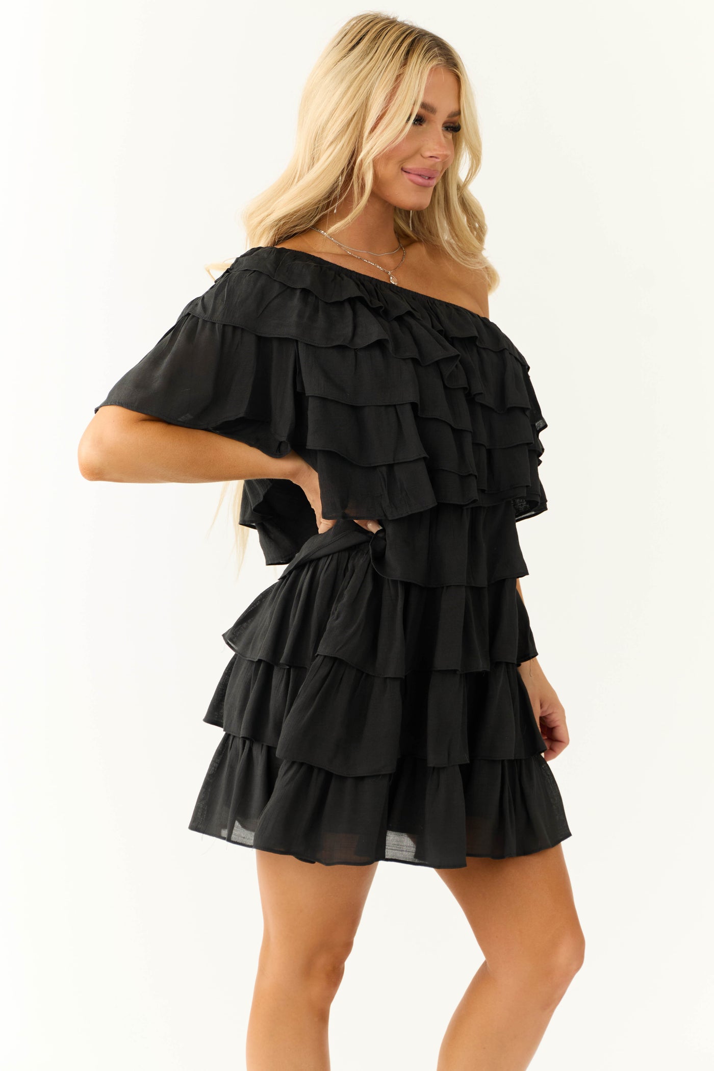 Black One Shoulder Tiered Ruffle Mini Dress