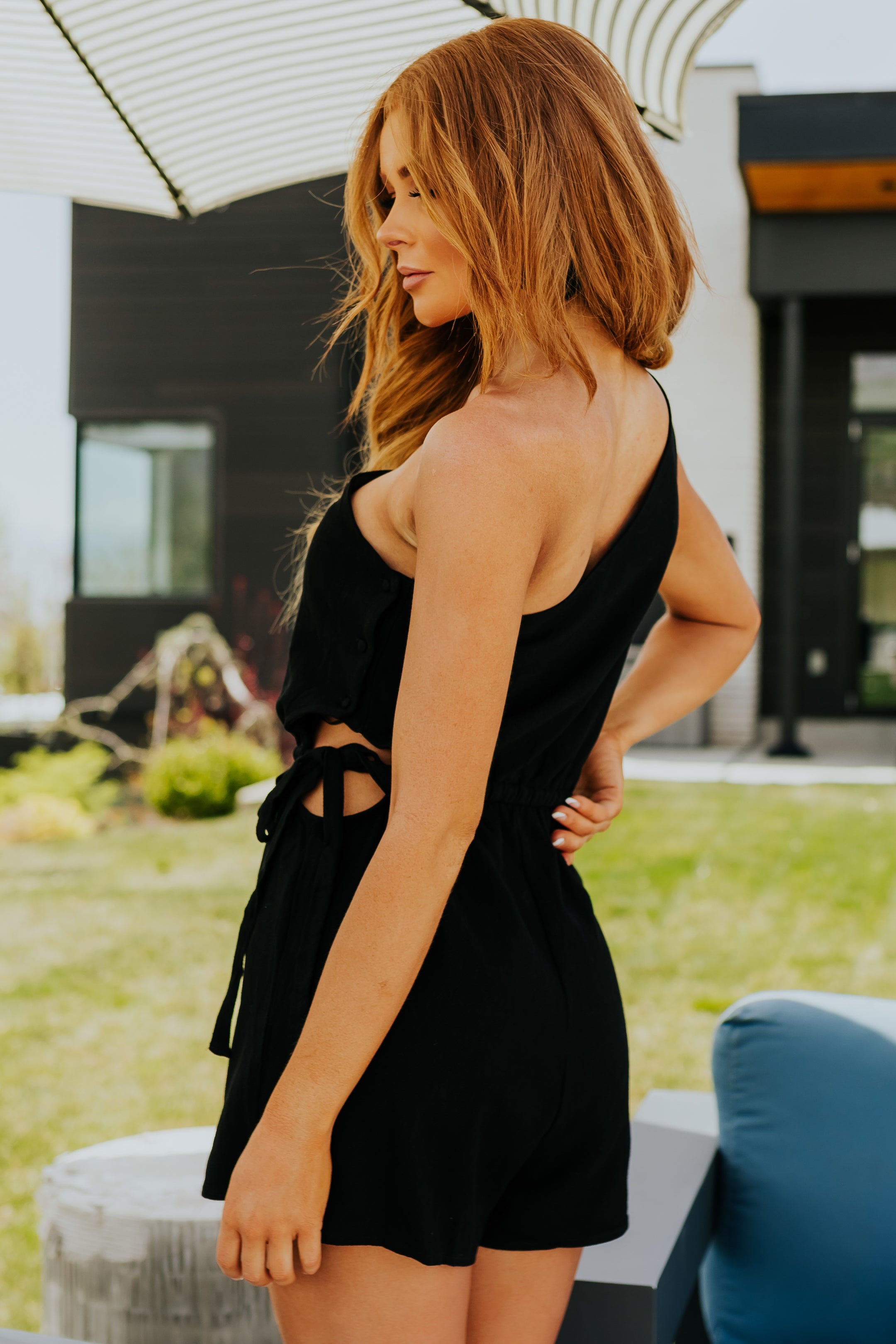 Black One Shoulder Waist Cut Out Romper