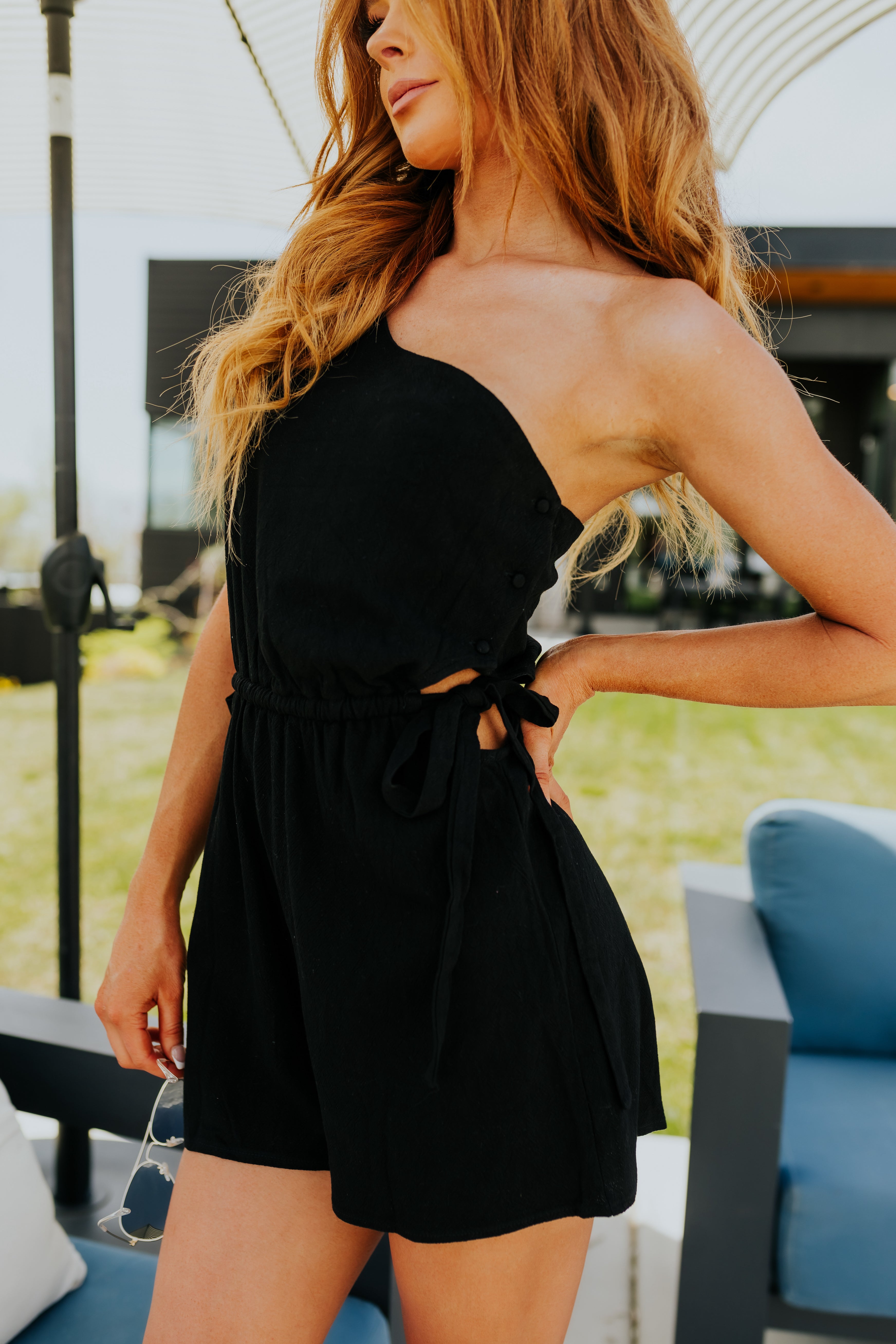 Black One Shoulder Waist Cut Out Romper