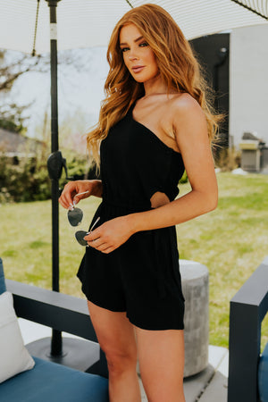 Black One Shoulder Waist Cut Out Romper