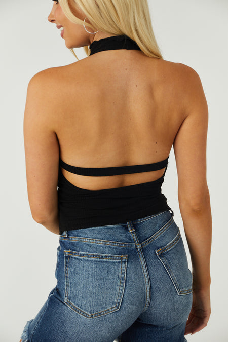 Black Open Back High Halter Neck Ribbed Top