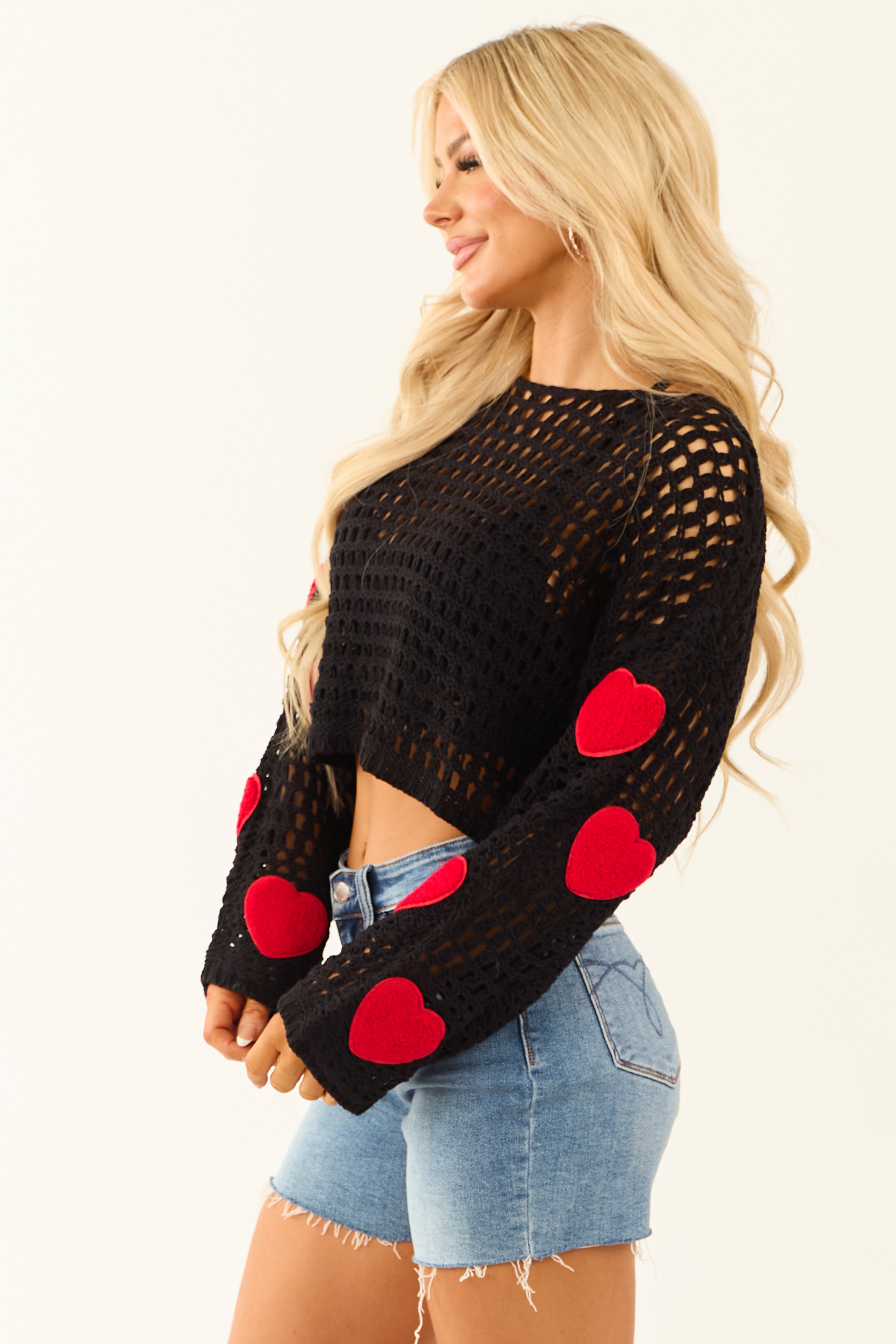 Black Open Crochet Knit Heart Patch Sleeve Sweater