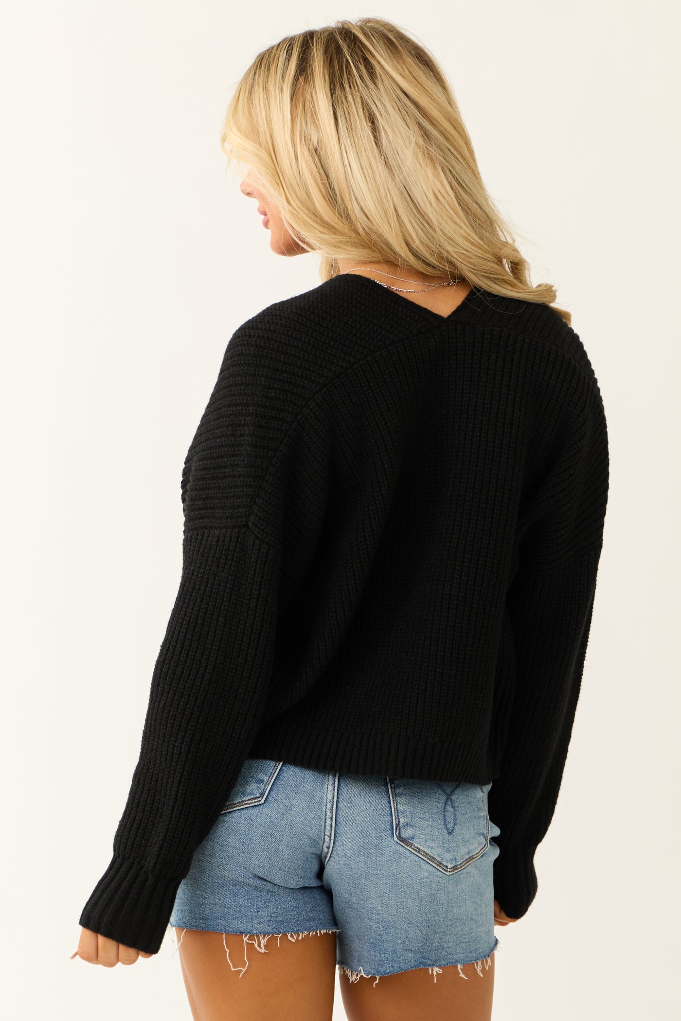 Black Open Front Drop Shoulder Knit Cardigan