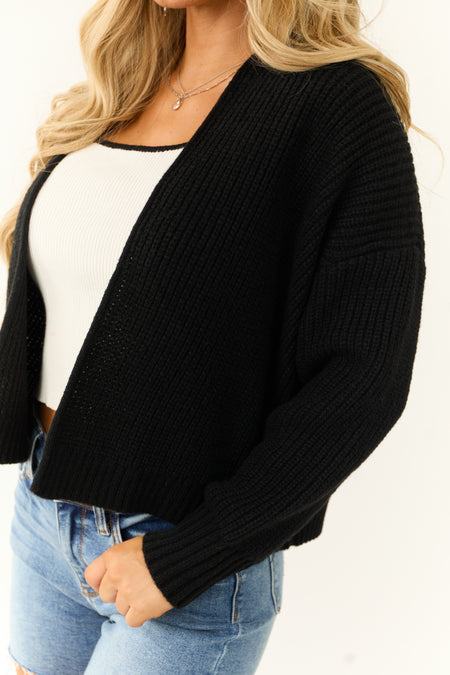 Black Open Front Drop Shoulder Knit Cardigan