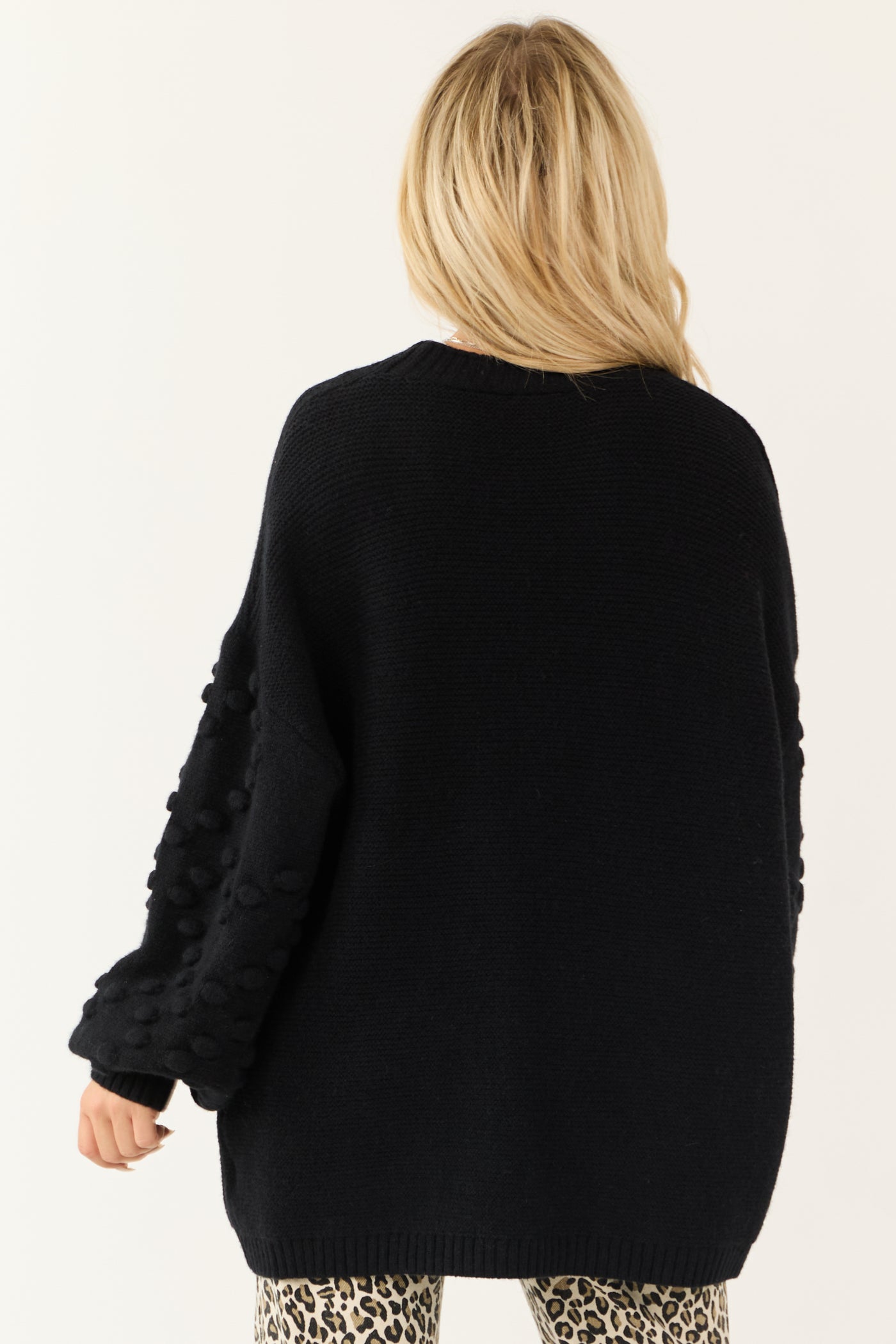 Black Open Front Pom Pom Sleeve Detail Cardigan