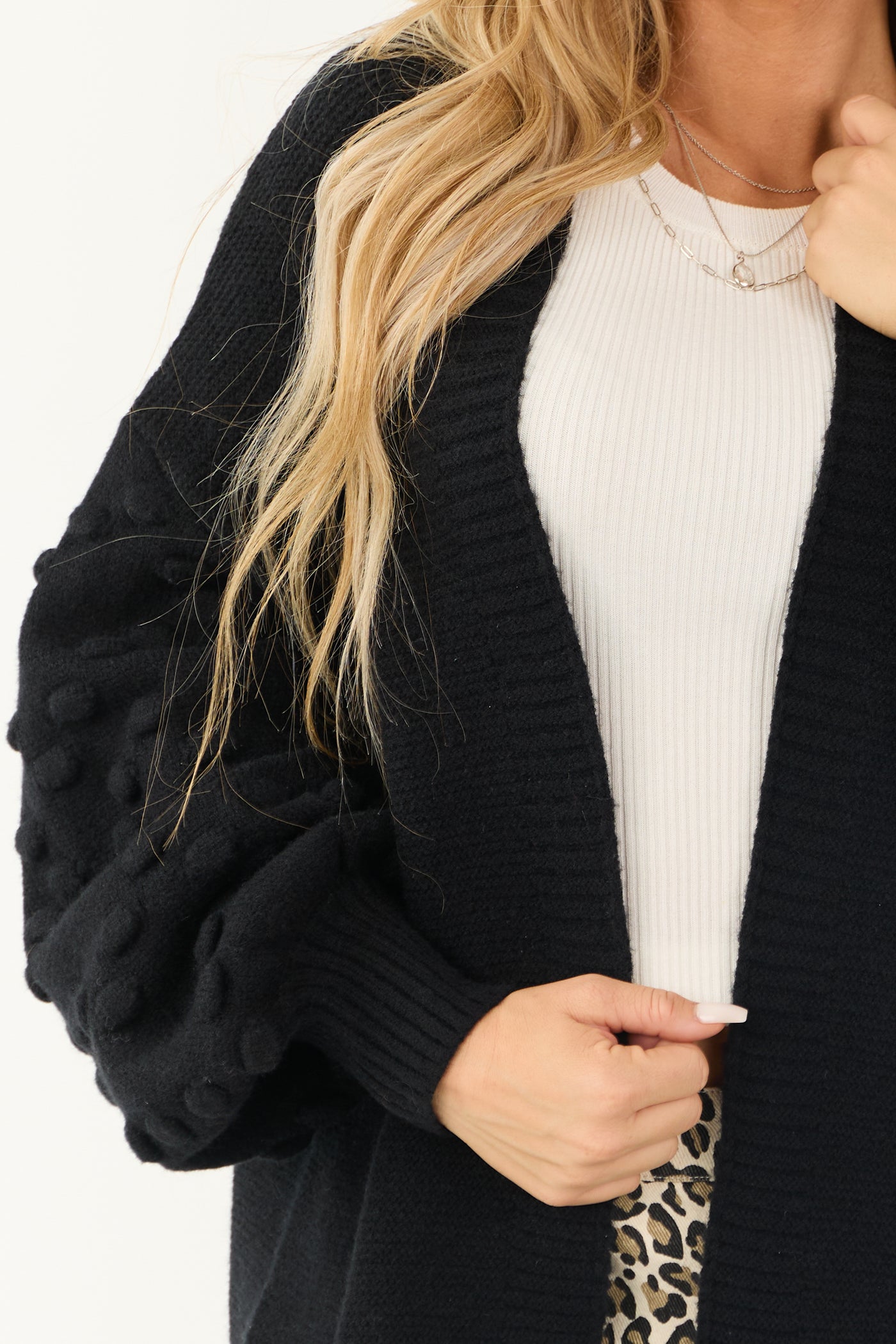 Black Open Front Pom Pom Sleeve Detail Cardigan