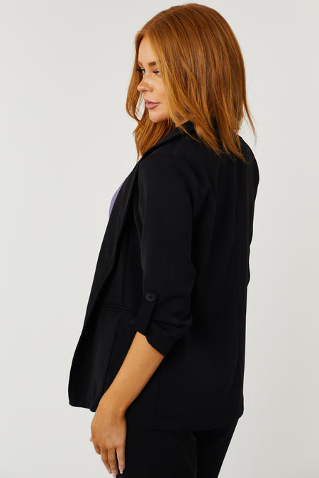 Black Open Front Rolled Button Sleeve Blazer