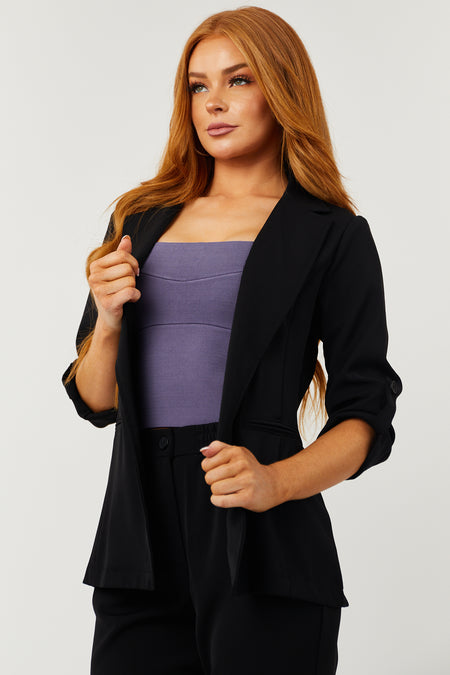 Black Open Front Rolled Button Sleeve Blazer