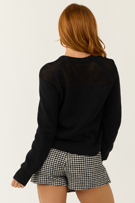 Black Open Knit Yoke Crew Neck Sweater