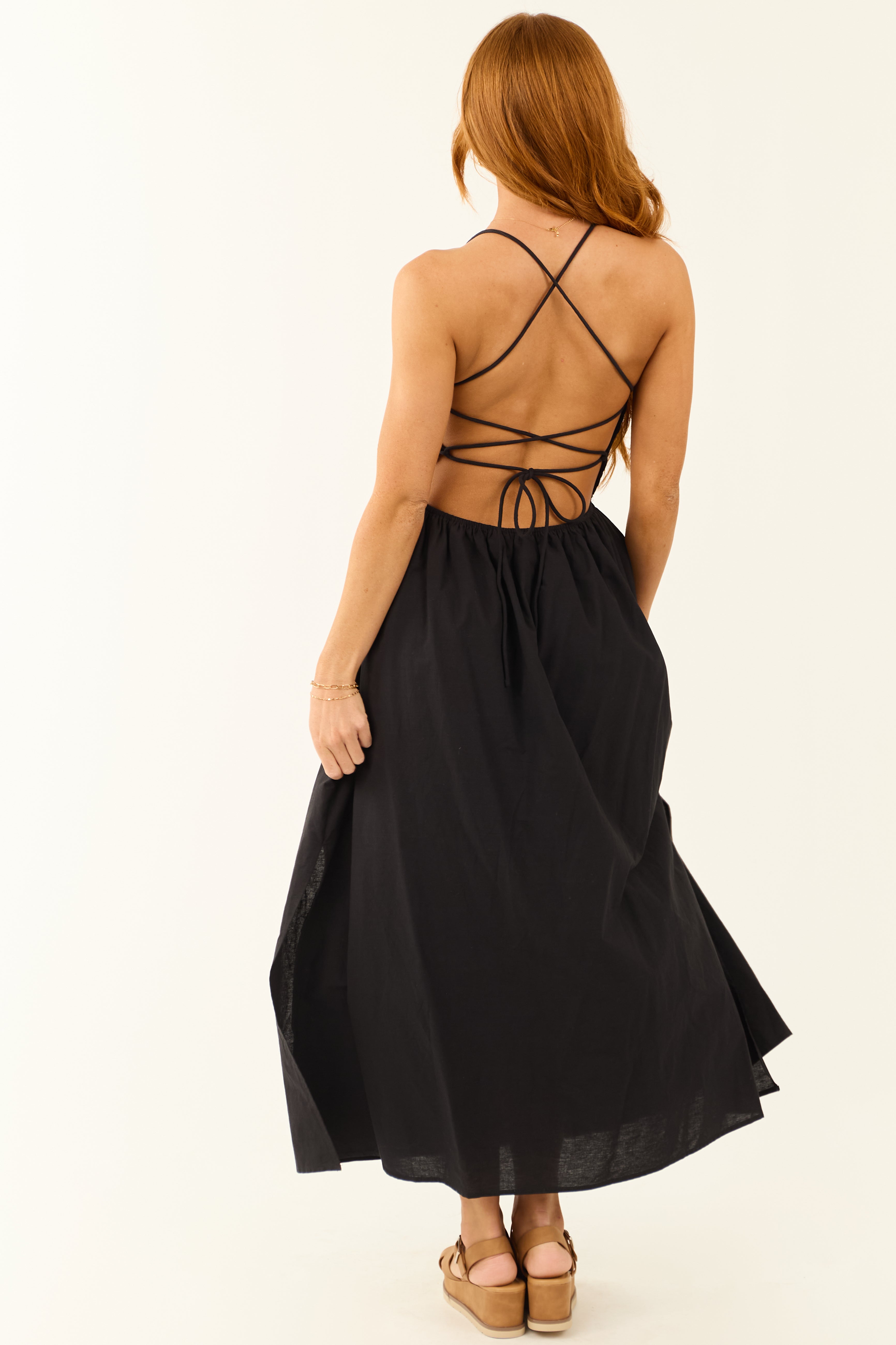 Black Open Tie Back Spaghetti Strap Maxi Dress