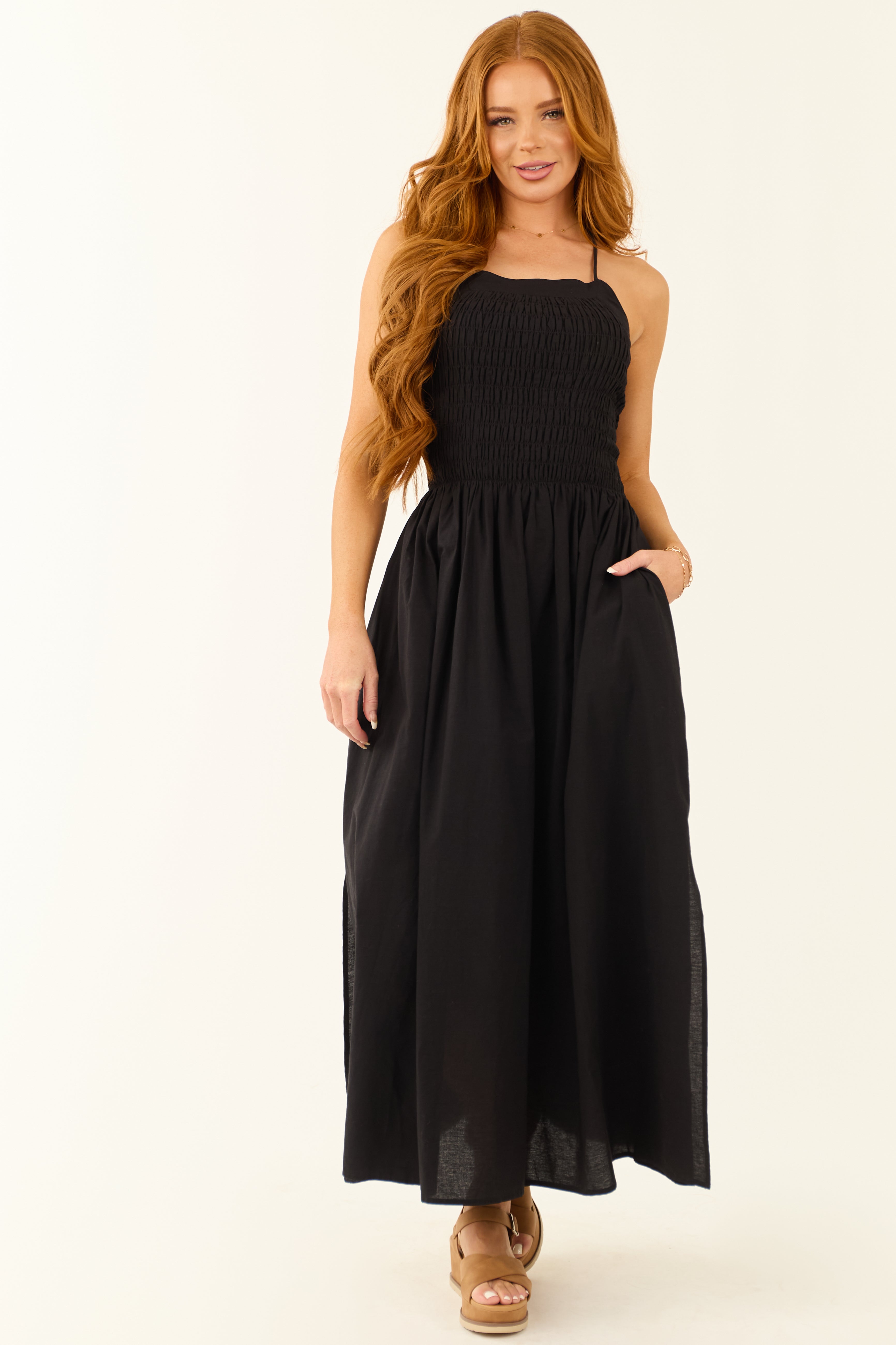 Black Open Tie Back Spaghetti Strap Maxi Dress