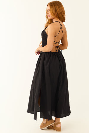 Black Open Tie Back Spaghetti Strap Maxi Dress