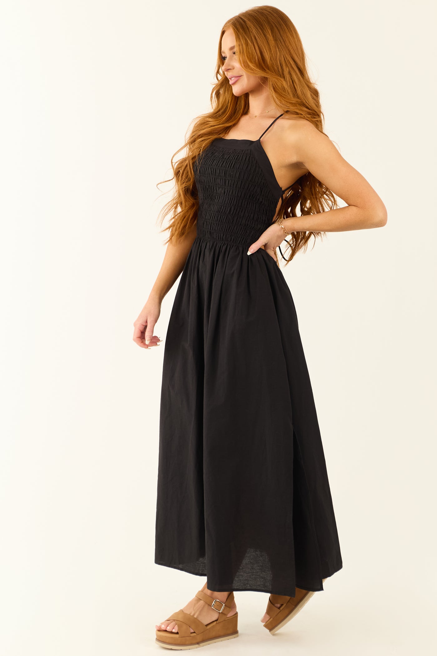 Black Open Tie Back Spaghetti Strap Maxi Dress