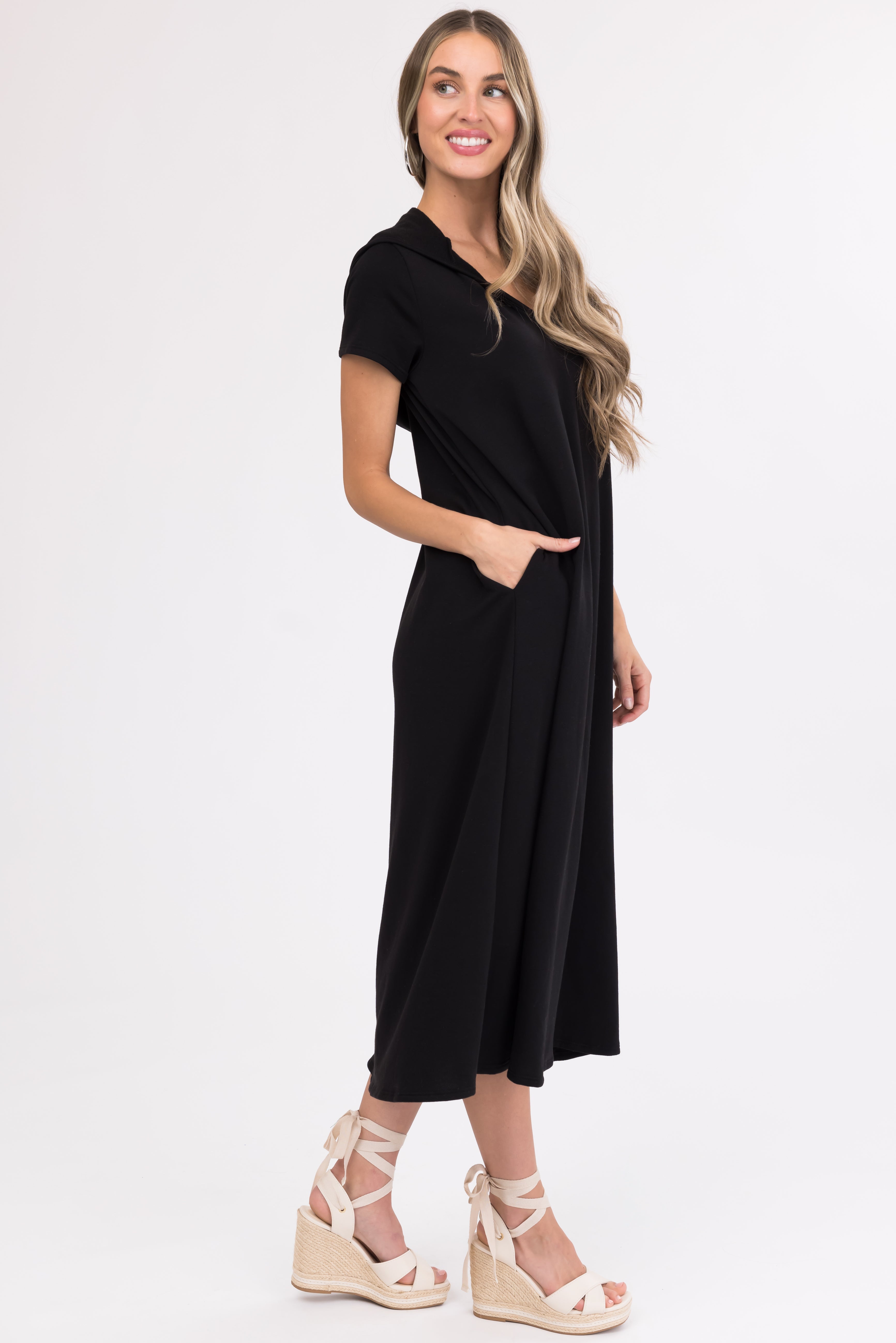 Black Oversized Casual Hooded Maxi Dress