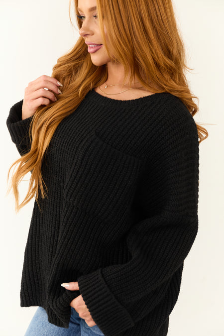 Black Oversized Chest Pocket Cozy Sweater