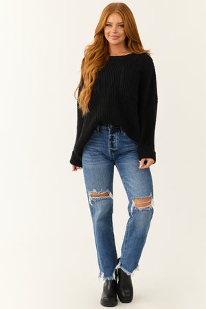 Black Oversized Chest Pocket Cozy Sweater