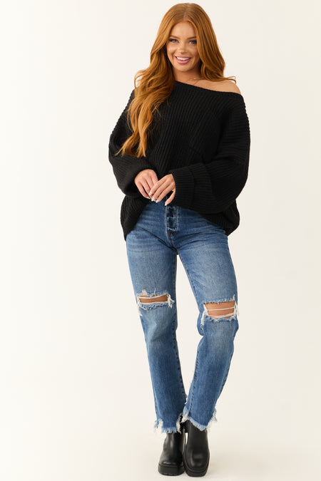 Black Oversized Chest Pocket Cozy Sweater