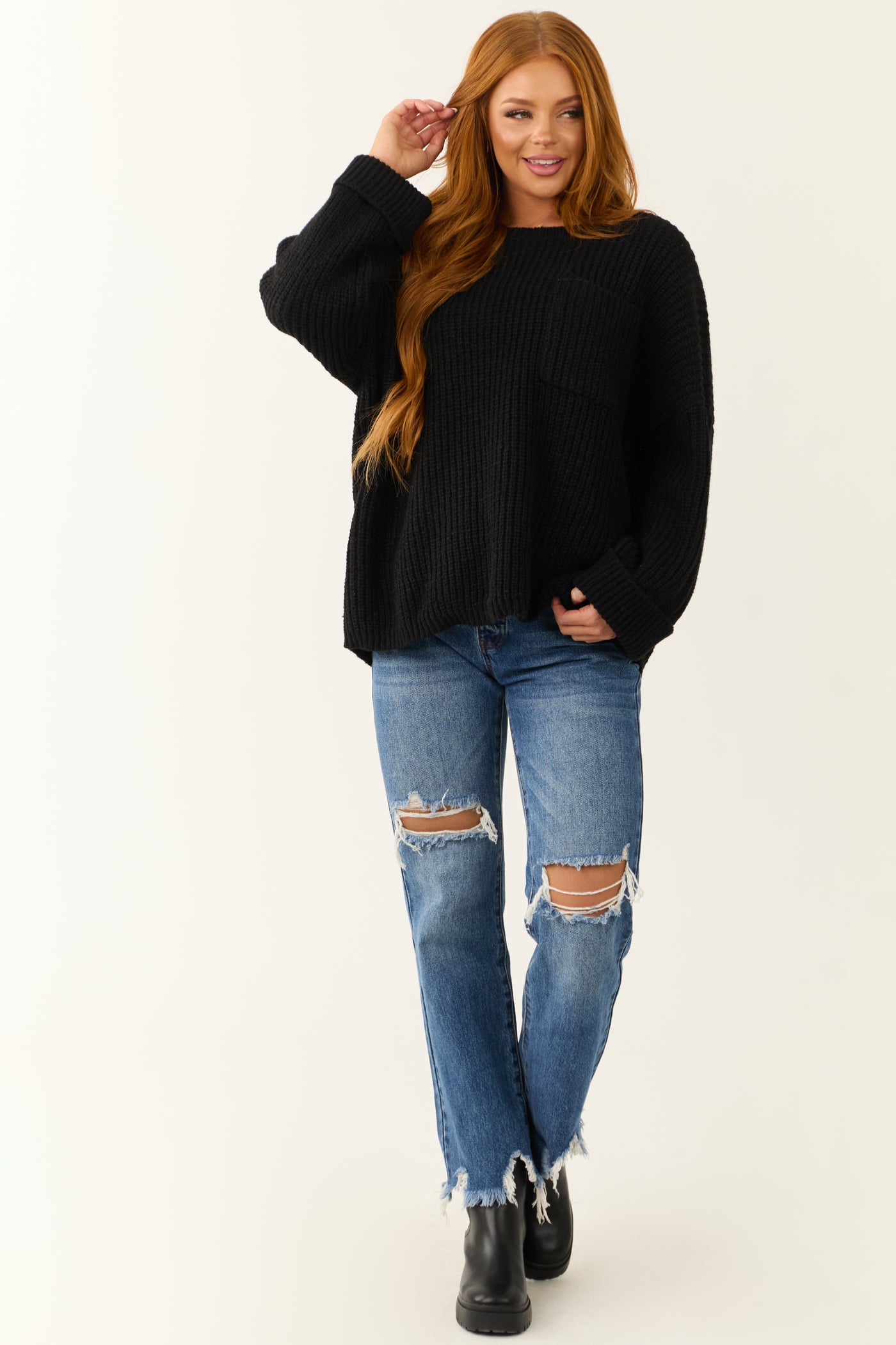 Black Oversized Chest Pocket Cozy Sweater