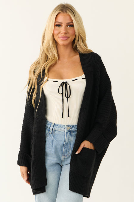 Black Oversized Knit Cardigan with Folded Sleeves