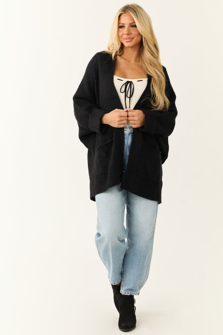 Black Oversized Knit Cardigan with Folded Sleeves