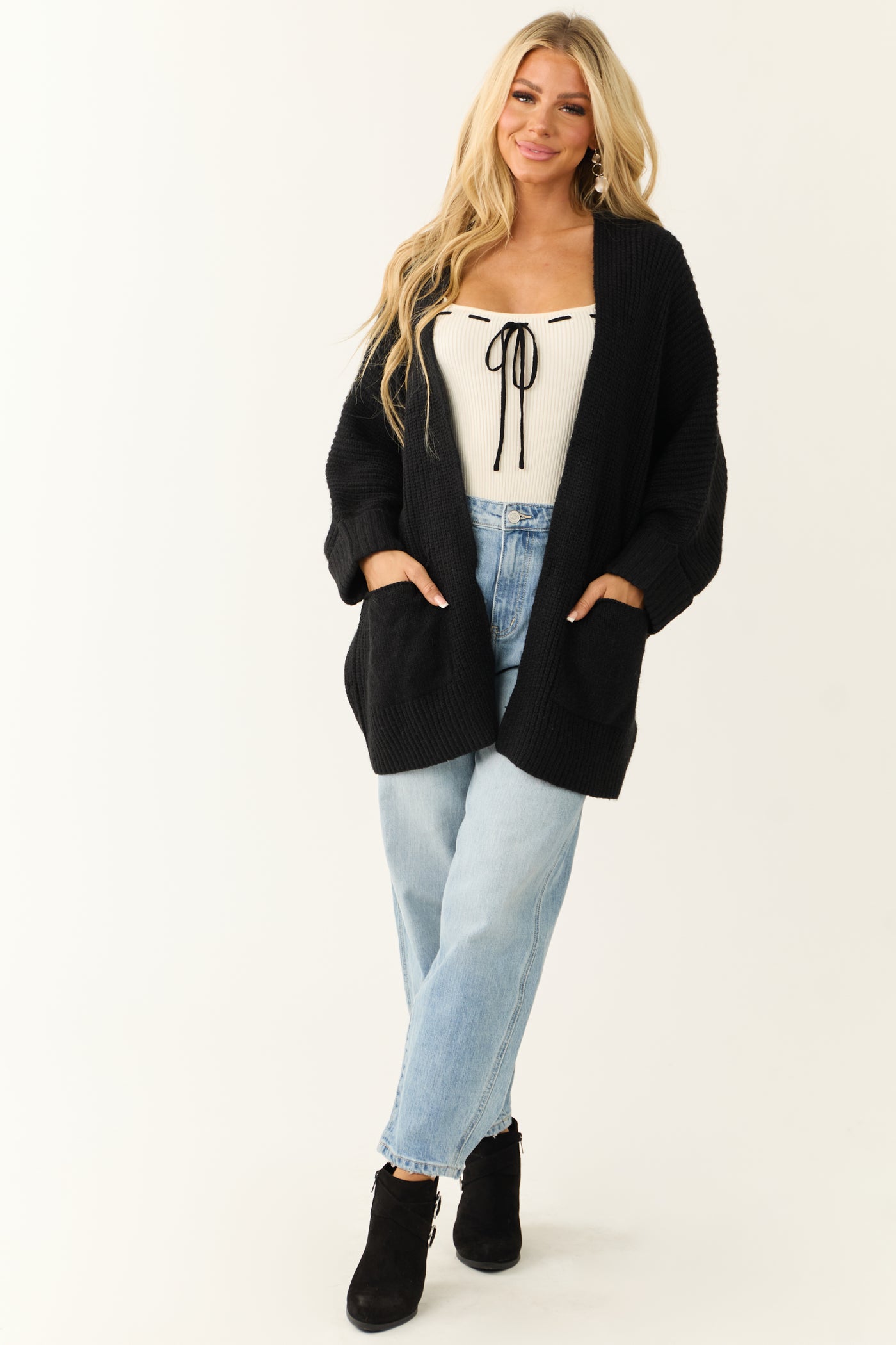 Black Oversized Knit Cardigan with Folded Sleeves