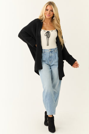 Black Oversized Knit Cardigan with Folded Sleeves